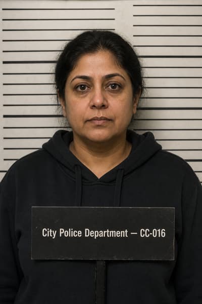 Isabella Patel — AI-generated mugshot of a fictional suspect