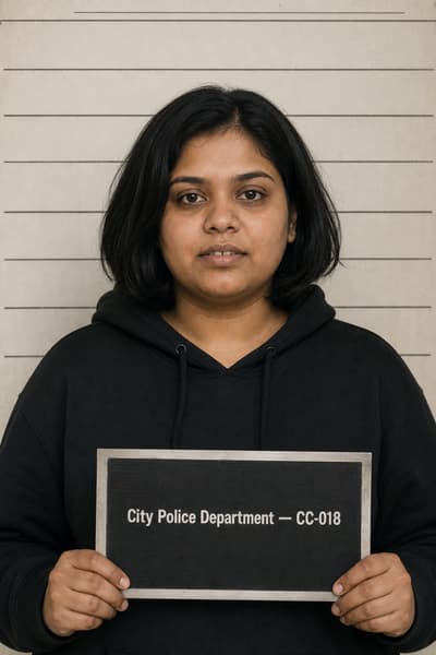 Mia Patel — AI-generated mugshot of a fictional suspect