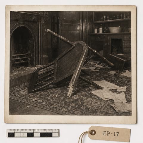 Evidence photograph EP-17: an overturned chair with a splintered leg beside scattered papers