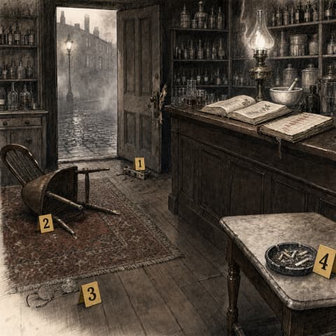 Illustrated crime-scene view of a Victorian apothecary with numbered evidence markers
