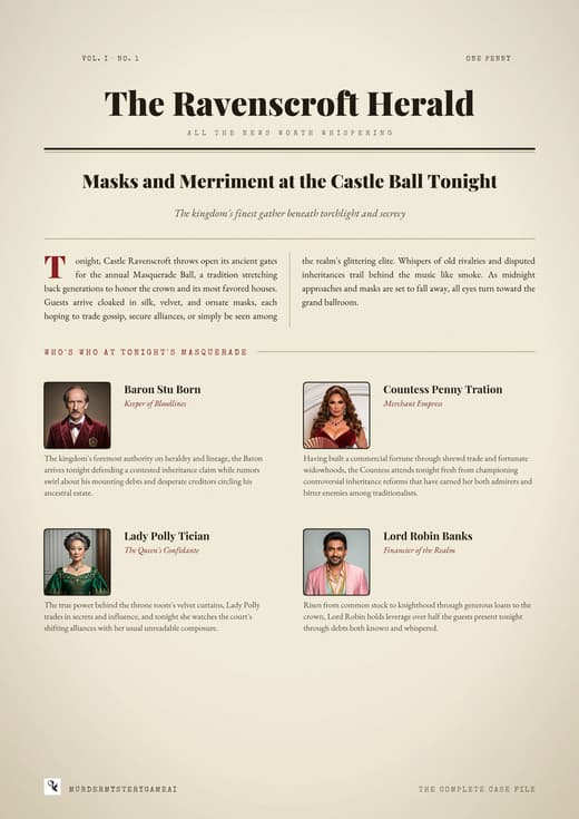 Printable murder mystery party newspaper article from a sample game