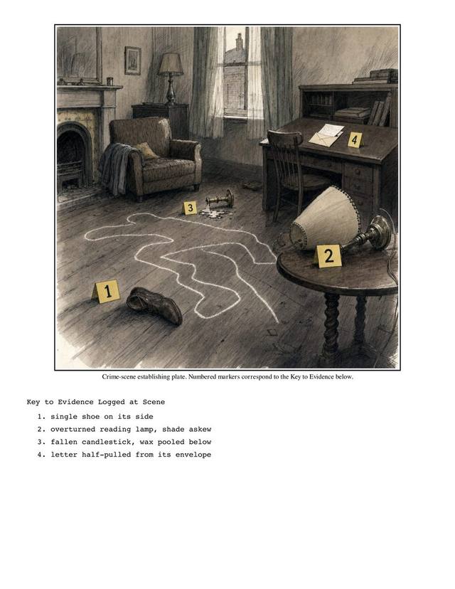 Crime scene photograph with evidence markers from the sample cold case file