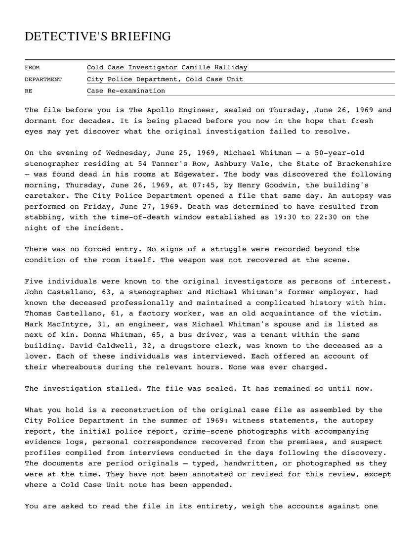 Detective's briefing letter from Cold Case Investigator Camille Halliday, City Police Department, opening Case CC-0014.