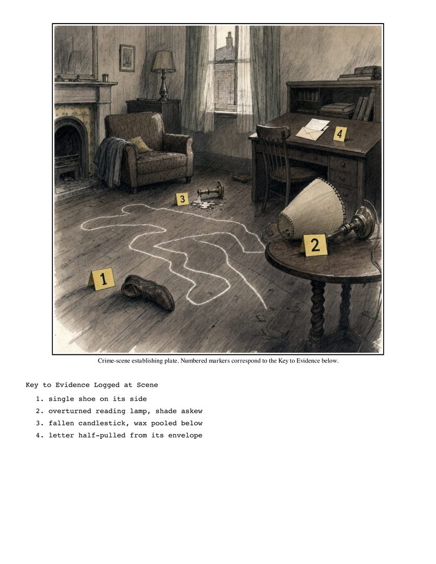 Crime-scene establishing plate with chalk outline and four numbered evidence markers in a 1960s sitting room.
